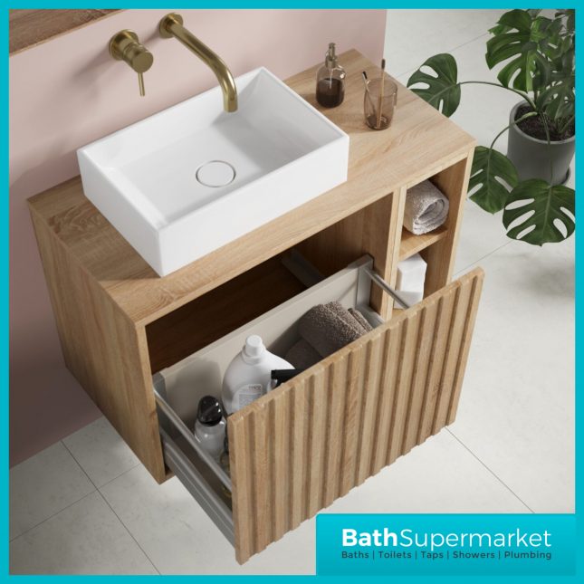 Orac Fluted Sonoma Oak Wall Hung Side Shelf Vanity Unit 800mm & White Counter Top Basin