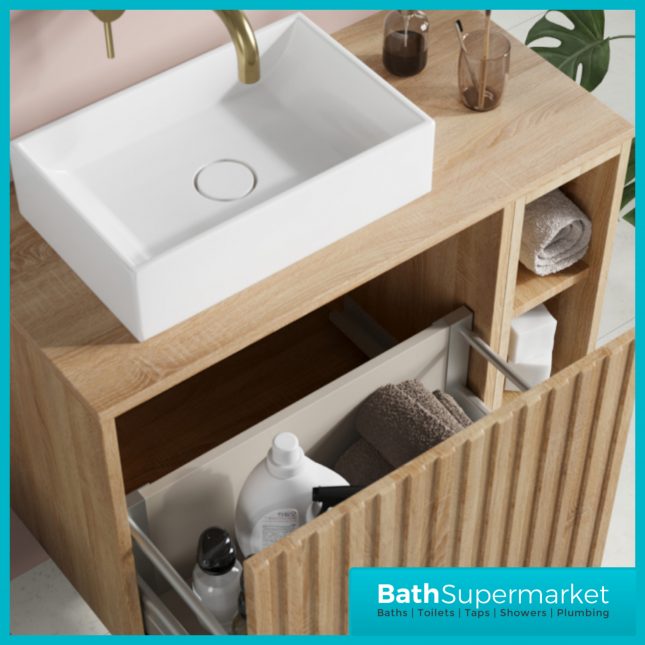 Orac Fluted Sonoma Oak Wall Hung Side Shelf Vanity Unit 800mm & White Counter Top Basin