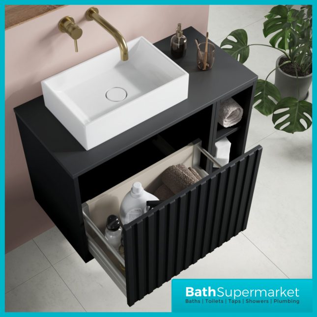 Orac Fluted Matt Black Wall Hung Side Shelf Vanity Unit 800mm & White Counter Top Basin