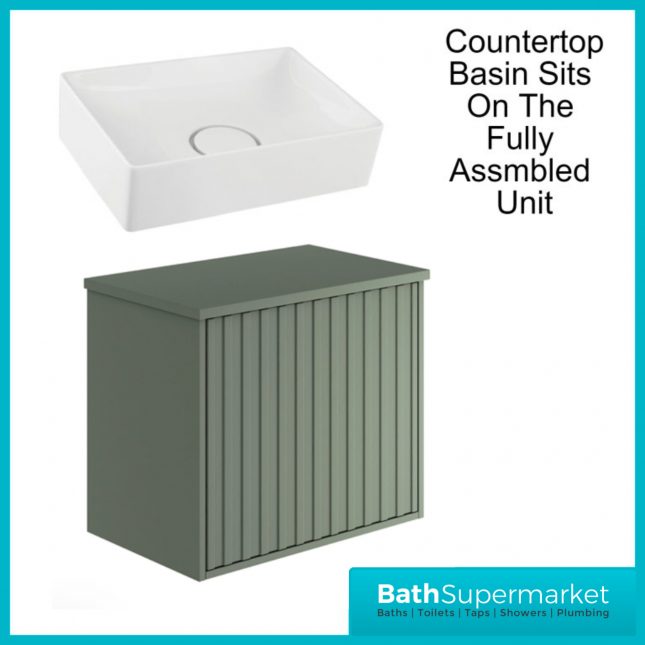Orac Fluted Reed Green Wall Hung Bathroom Cabinet Unit 600mm & White Counter Top Basin - Image 5