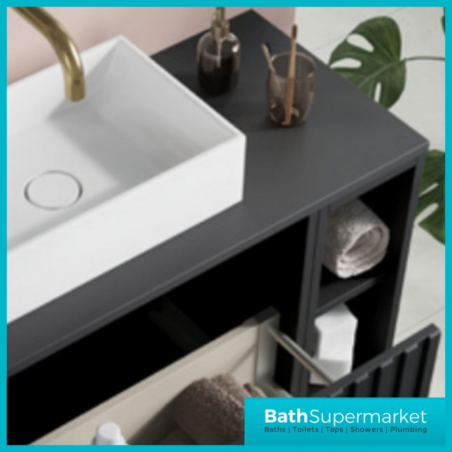 Orac Fluted Matt Black Wall Hung Side Shelf Vanity Unit 800mm & White Counter Top Basin