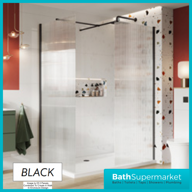 Sognare Black Fluted 8mm Glass Shower Wetroom Screen Panel & Support Arm