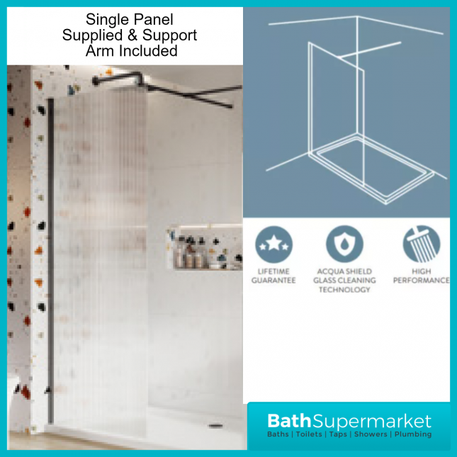 Sognare Black Fluted 8mm Glass Shower Wetroom Screen Panel & Support Arm