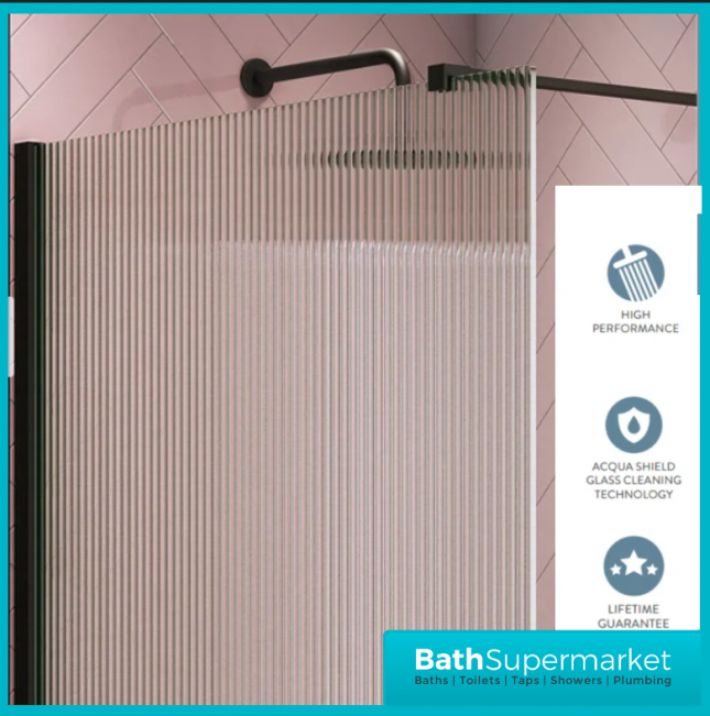 Sognare Black Fluted 8mm Glass Shower Wetroom Screen Panel & Support Arm - Image 8