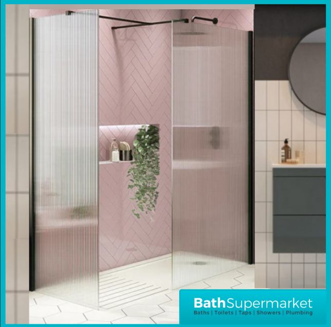 Sognare Black Fluted 8mm Glass Shower Wetroom Screen Panel & Support Arm - Image 6