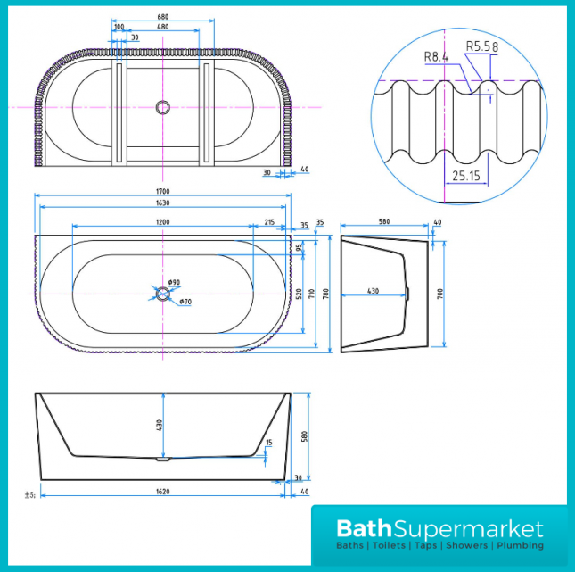 Sognare Labyrinth Fluted Double Ended Back to Wall Bath 1700mm - Image 3