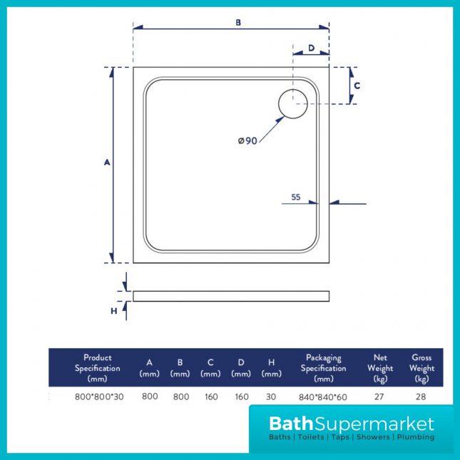 Shires White Square Shower Tray 900mm x 900mm With Chrome Waste