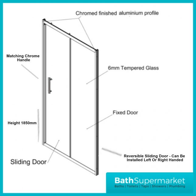 Kartell K-Vit Chrome 6mm Sliding Shower Door Enclosure & Optional Side Panel-1850mm High