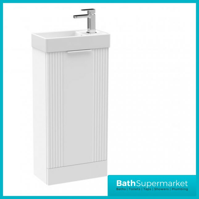 Groove Satin White Compact Cloakroom Floor Standing Vanity Unit & Basin 400mm