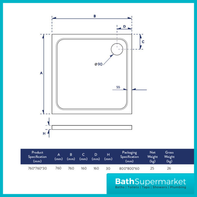 Shires White Square Shower Tray 760mm x 760mm With Chrome Waste-Slim 30mm High