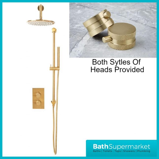 Knurled Brushed Brass Round Concealed Thermostatic Valve, Fixed Head & Shower Riser Rail Kit
