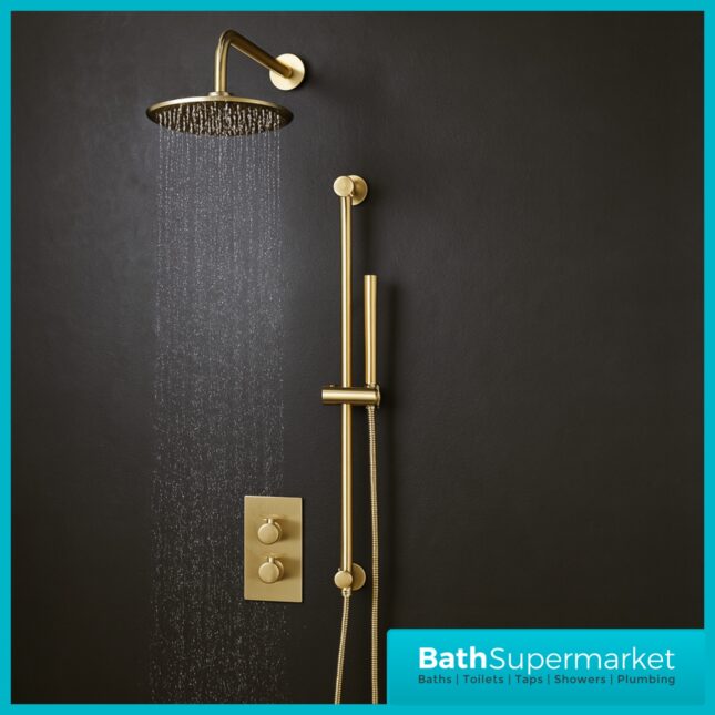 Knurled Brushed Brass Round Concealed Thermostatic Valve, Fixed Head & Shower Riser Rail Kit