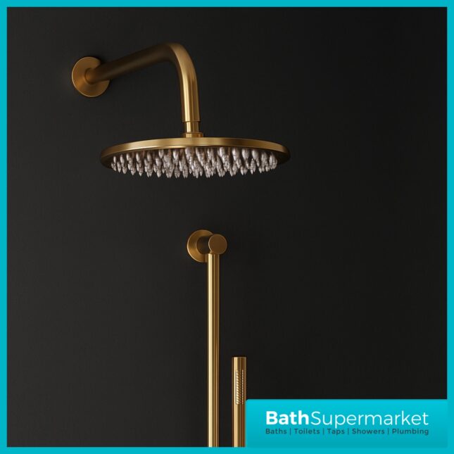 Knurled Brushed Brass Round Concealed Thermostatic Valve, Fixed Head & Shower Riser Rail Kit
