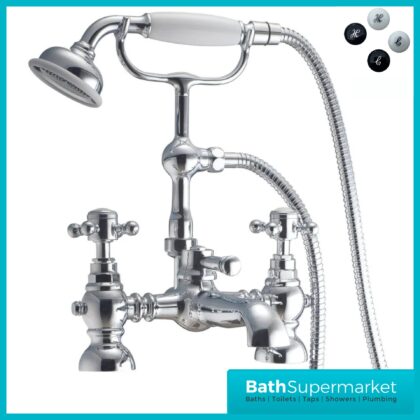 Russeldene & Marie Traditional Chrome Bath Shower Mixer Tap White Handle Cradle Kit