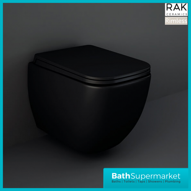 RAK Feeling Matt Black Square Rimless Wall Hung WC Toilet Pan With Soft Close Seat