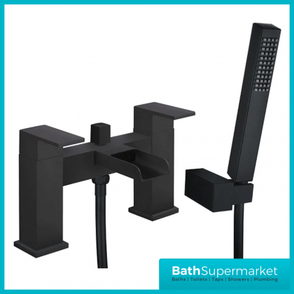 Mono Matt Black Waterfall Square Bath Shower Mixer Tap Kit With Wall Bracket