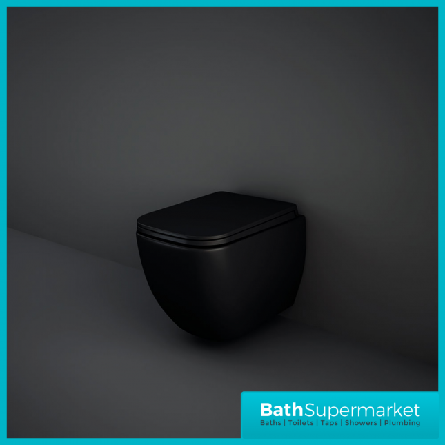 RAK Feeling Matt Black Square Rimless Wall Hung WC Toilet Pan With Soft Close Seat