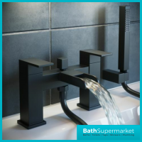 Mono Matt Black Waterfall Square Bath Shower Mixer Tap Kit With Wall Bracket