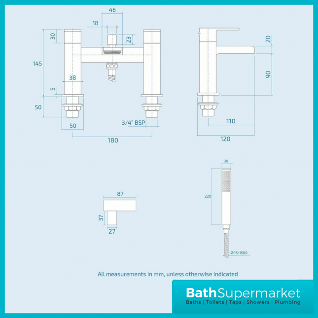 Mono Matt Black Waterfall Square Bath Shower Mixer Tap Kit With Wall Bracket