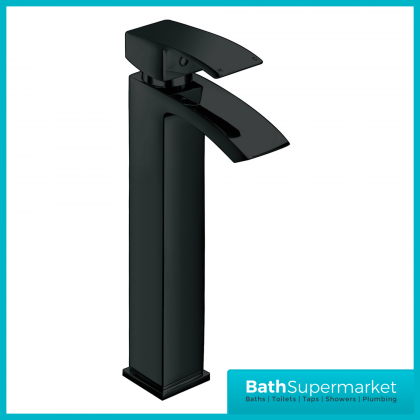 Descent Square Matt Black Tall Mono Basin Mixer Tap With Click Clack Waste