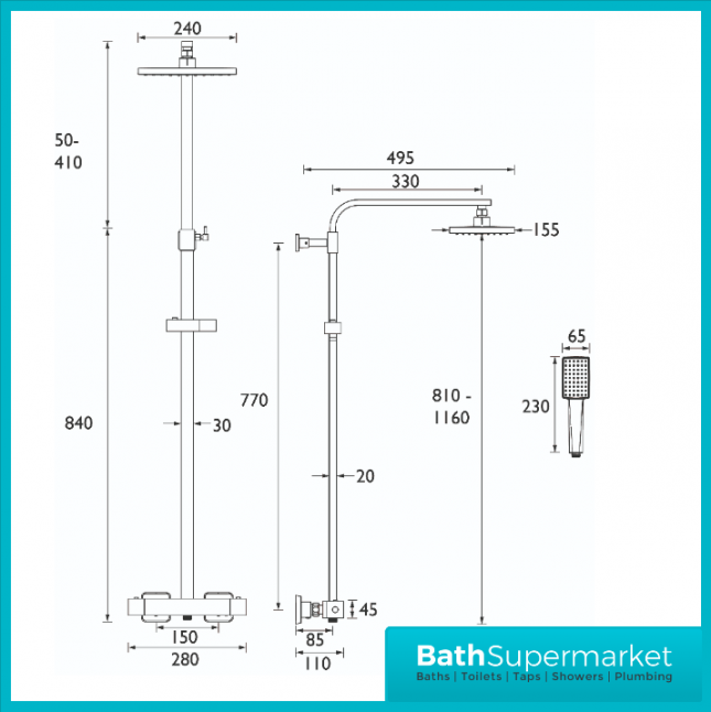 Bristan Craze Square Black Rigid Riser Bar Mixer Exposed Valve Shower Kit