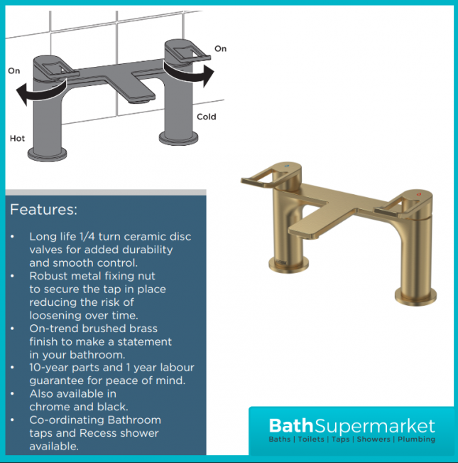Bristan Saffron Brushed Brass Loop Lever Handle Bath Filler Tap - Image 3