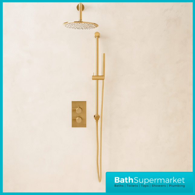 Knurled Brushed Brass Round Concealed Thermostatic Valve, Fixed Head & Shower Riser Rail Kit