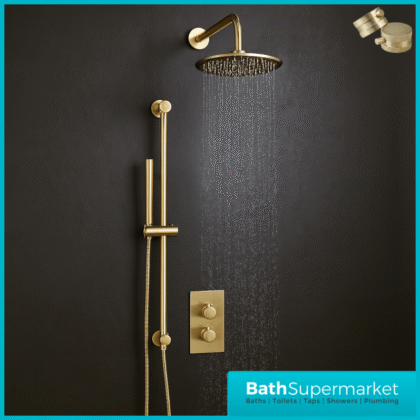 Knurled Brushed Brass Round Concealed Thermostatic Valve, Fixed Head & Shower Riser Rail Kit