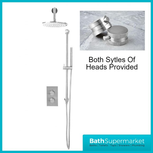Knurled Chrome Round Concealed Thermostatic Valve, Fixed Head & Shower Riser Rail Kit - Image 4