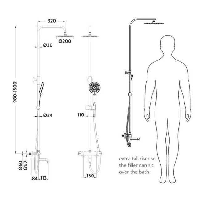 Sognare Solar Chrome Round Rigid Riser Shower With Bath Filler Spout - Image 11