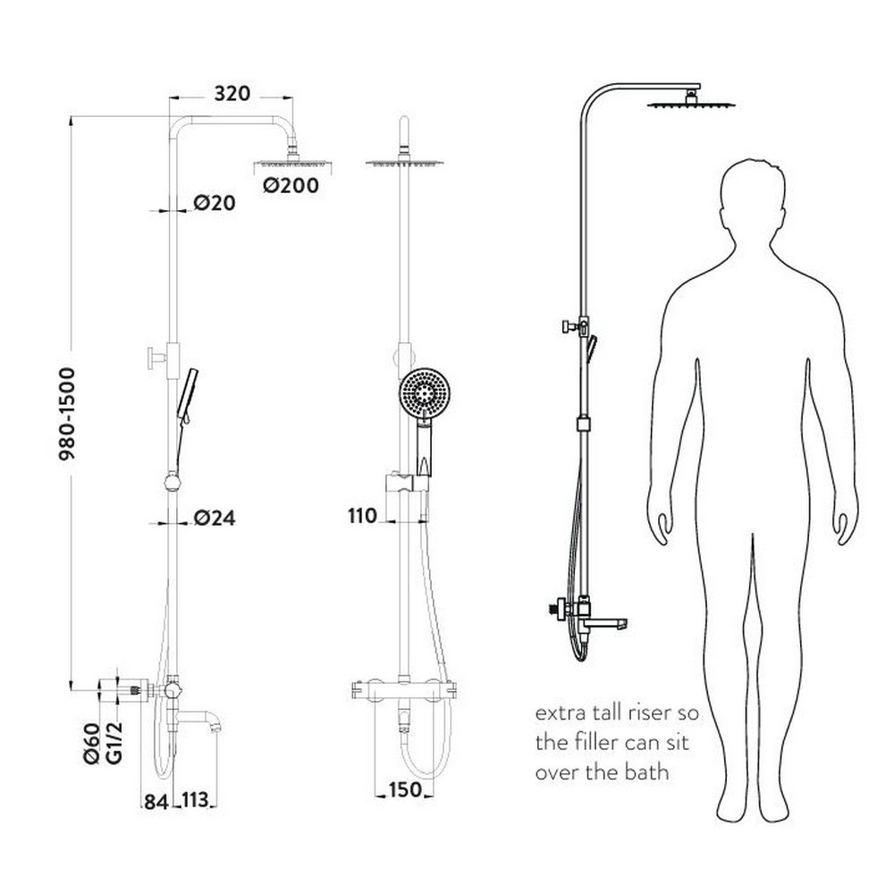 Sognare Solar Chrome Round Rigid Riser Shower With Bath Filler Spout - Image 11