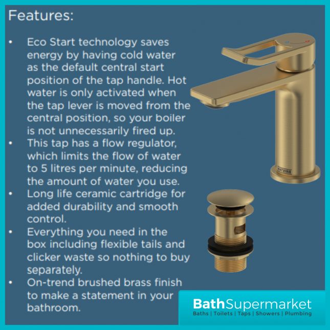 Bristan Saffron Brushed Brass Eco Start Mono Basin Mixer Tap With Clicker Waste