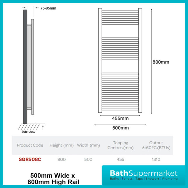 Kartell K-Vit Chrome K-Squared Straight Heated Ladder Towel Rails 500mm Wide