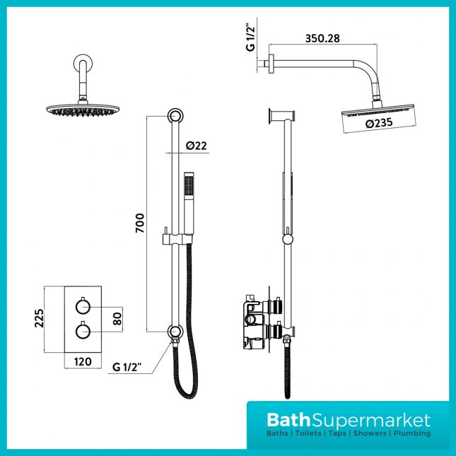 Knurled Black Round Wall Mounted Concealed Thermostatic Valve Riser Shower Kit