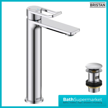 Saffron Eco Start Polished Chrome Tall Basin Mixer Tap With Clicker Waste