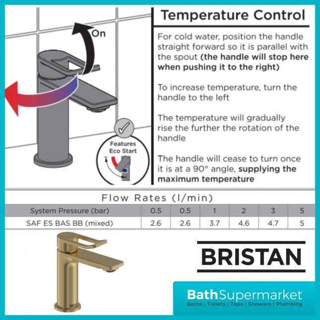 Bristan Saffron Brushed Brass Eco Start Mono Basin Mixer Tap With Clicker Waste