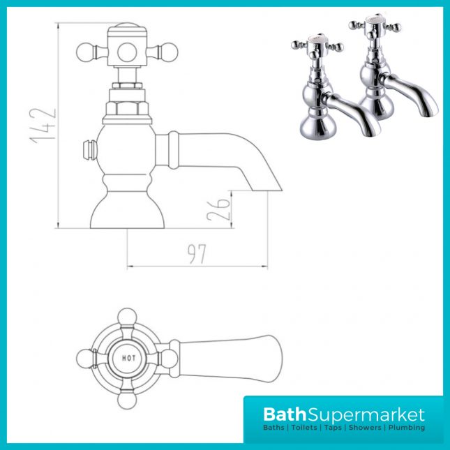 Harrogate Traditional Chrome Pair Pillar Bath Taps