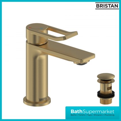 Bristan Saffron Brushed Brass Eco Start Small Basin Mixer Tap With Clicker Waste