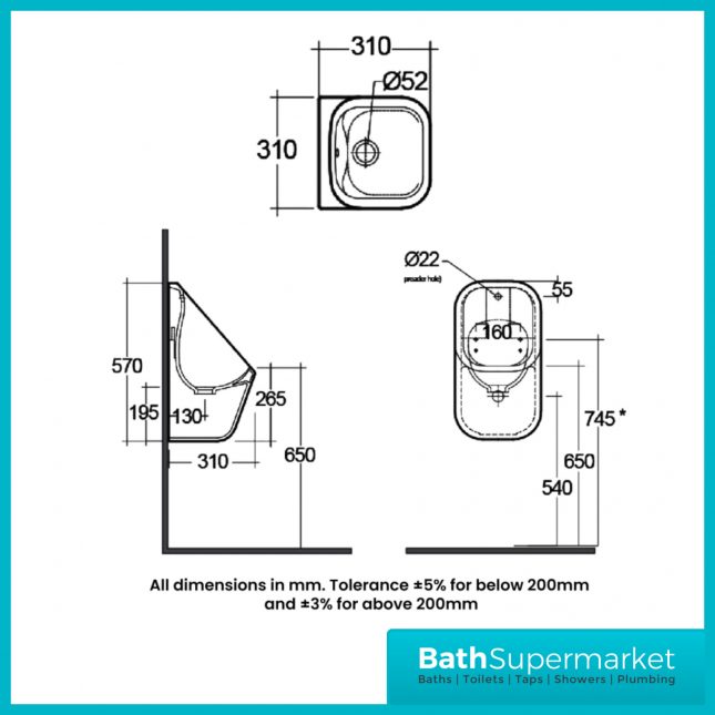 Rak Series 600 Alpine White Wall Hung Urinal With Brackets