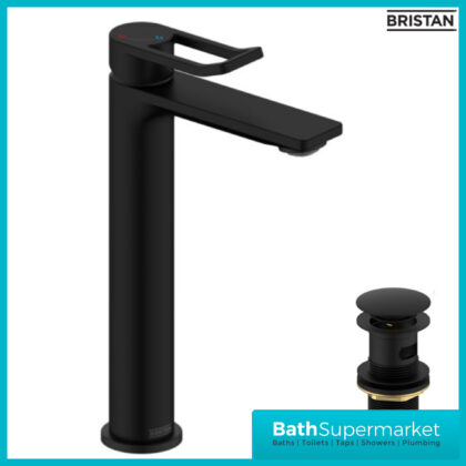 Saffron Eco Start Matt Black Tall Basin Mixer Tap With Clicker Waste