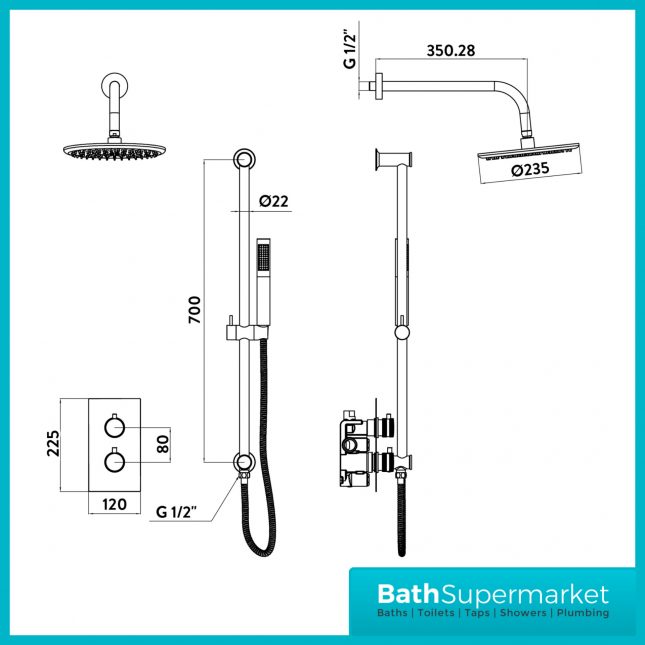 Knurled Chrome Round Concealed Thermostatic Valve, Fixed Head & Shower Riser Rail Kit