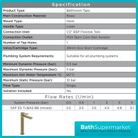 Bristan Saffron Eco Start Brushed Brass Tall Basin Mixer Tap With Clicker Waste - Image 10