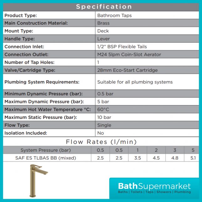 Bristan Saffron Eco Start Brushed Brass Tall Basin Mixer Tap With Clicker Waste - Image 10