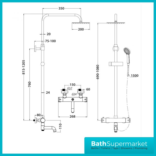 Sognare Solar Chrome Round Rigid Riser Shower With Bath Filler