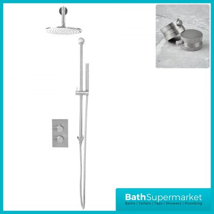 Knurled Chrome Round Concealed Thermostatic Valve, Fixed Head & Shower Riser Rail Kit