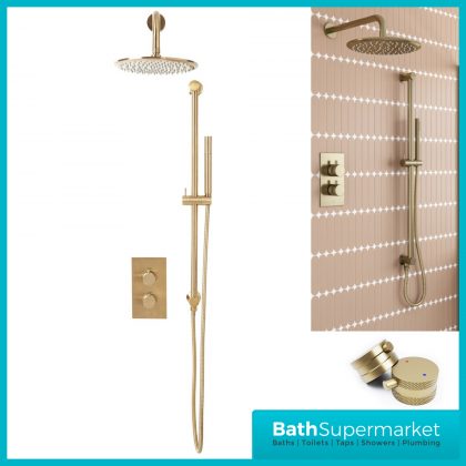 Knurled Brushed Brass Round Concealed Thermostatic Valve, Fixed Head & Shower Riser Rail Kit