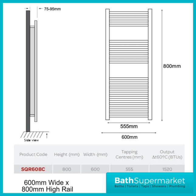 Kartell K-Vit Chrome K-Squared Straight Heated Ladder Towel Rails 600mm Wide Various Heights