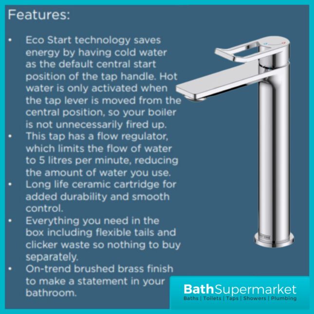 Bristan Saffron Eco Start Polished Chrome Tall Basin Mixer Tap With Clicker Waste