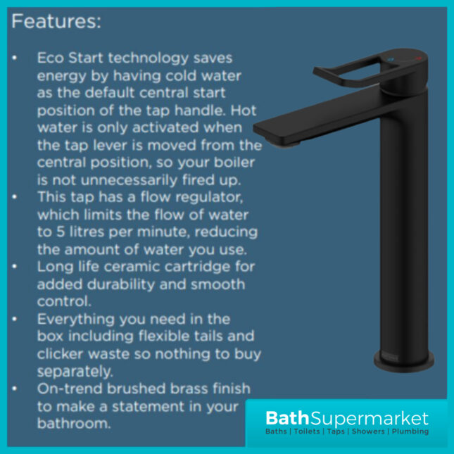 Bristan Saffron Eco Start Matt Black Tall Basin Mixer Tap With Clicker Waste - Image 5