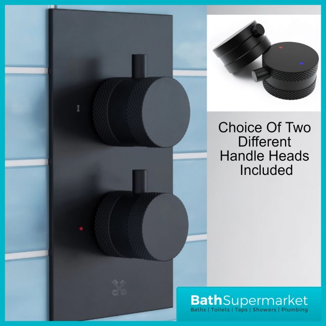 Knurled Black Round Concealed Thermostatic Valve Fixed Head & Shower Riser Rail Kit
